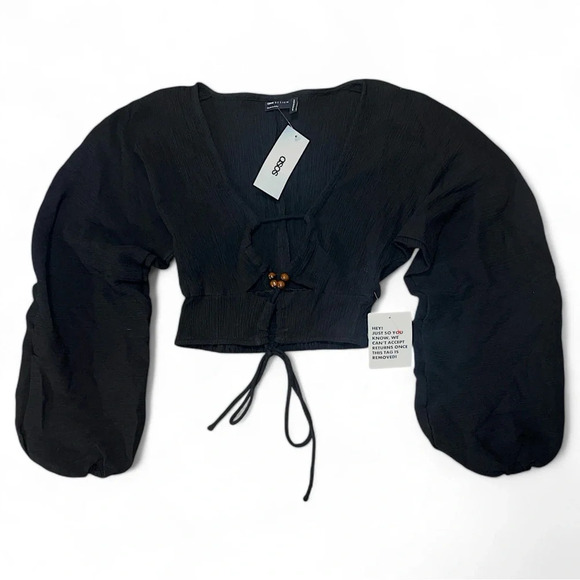 ASOS Linen Cotton Long Puff Sleeve Top Lace Up Black Deep V Front Y2K 4 S - Picture 3 of 12